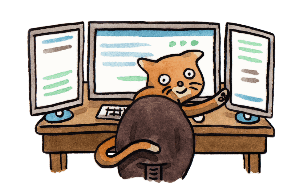 Watercolour of cat waving from seat behind computer screens